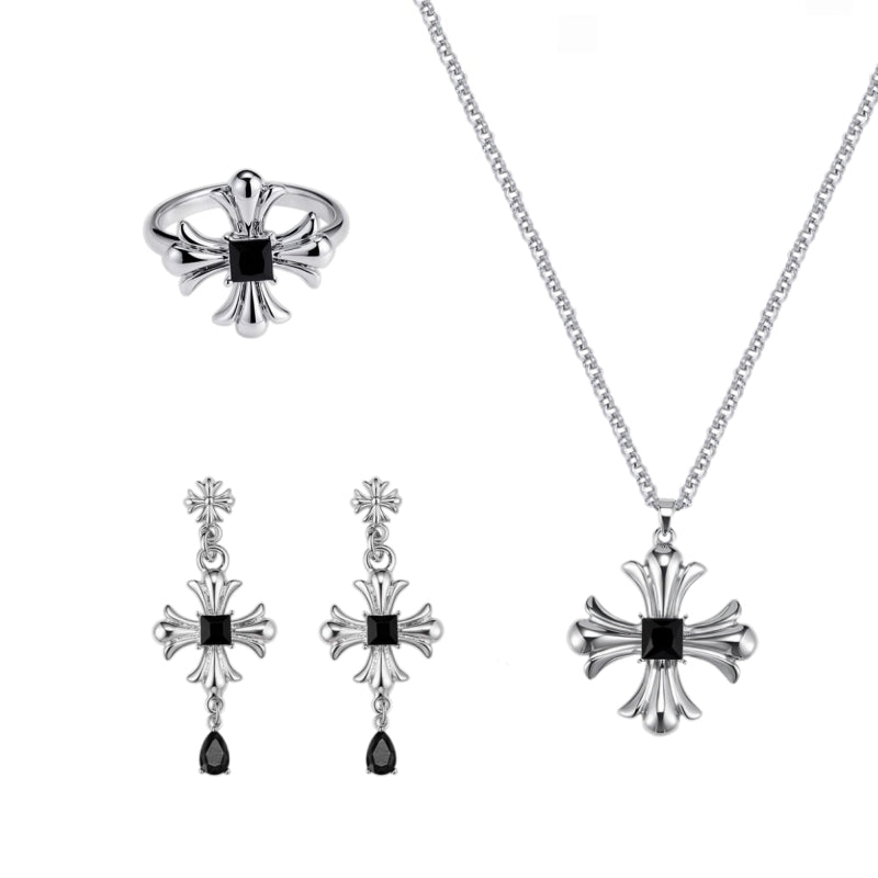 Unisex Gothic Cross Jewellery Set, Alloy with Metal Plating Black Glass Ring Necklace Earrings, Punk Vintage Statement Jewelry